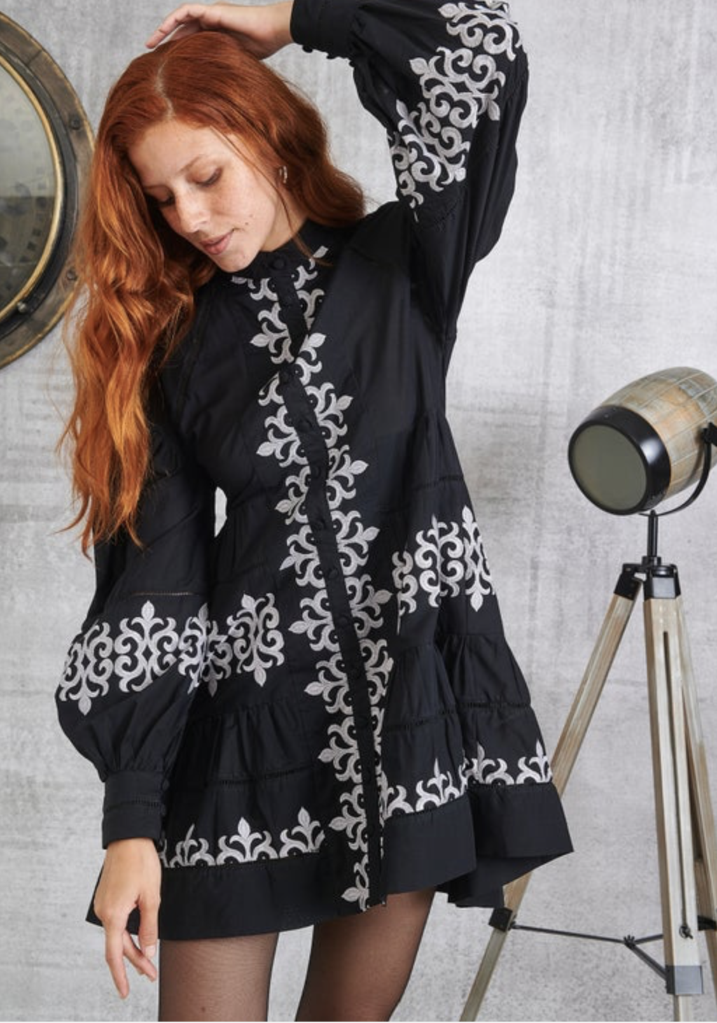 black dress white embroidery Black with White Embroidery Mini Dress