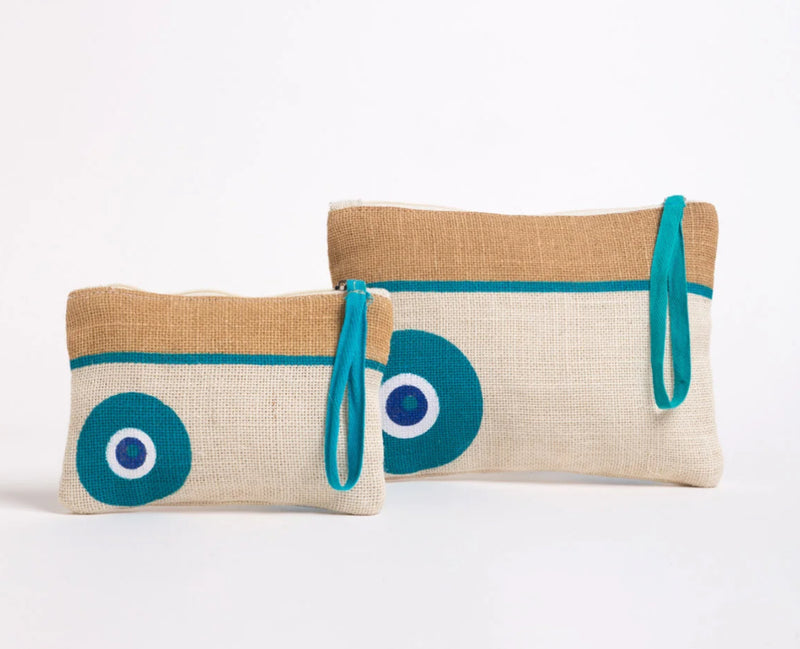 Large Turquoise Evil Eye Jute Make-Up Bag