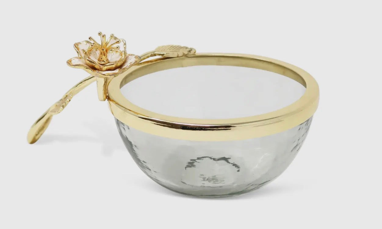Glass Dish with Gold Enamel Flower Design On Handle