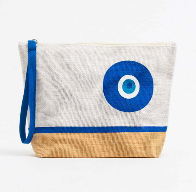 Flat Bottom Natural|Blue Evil Eye Large Jute Bag