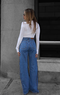 Serina Zippered Mid Blue Wide Leg Denim