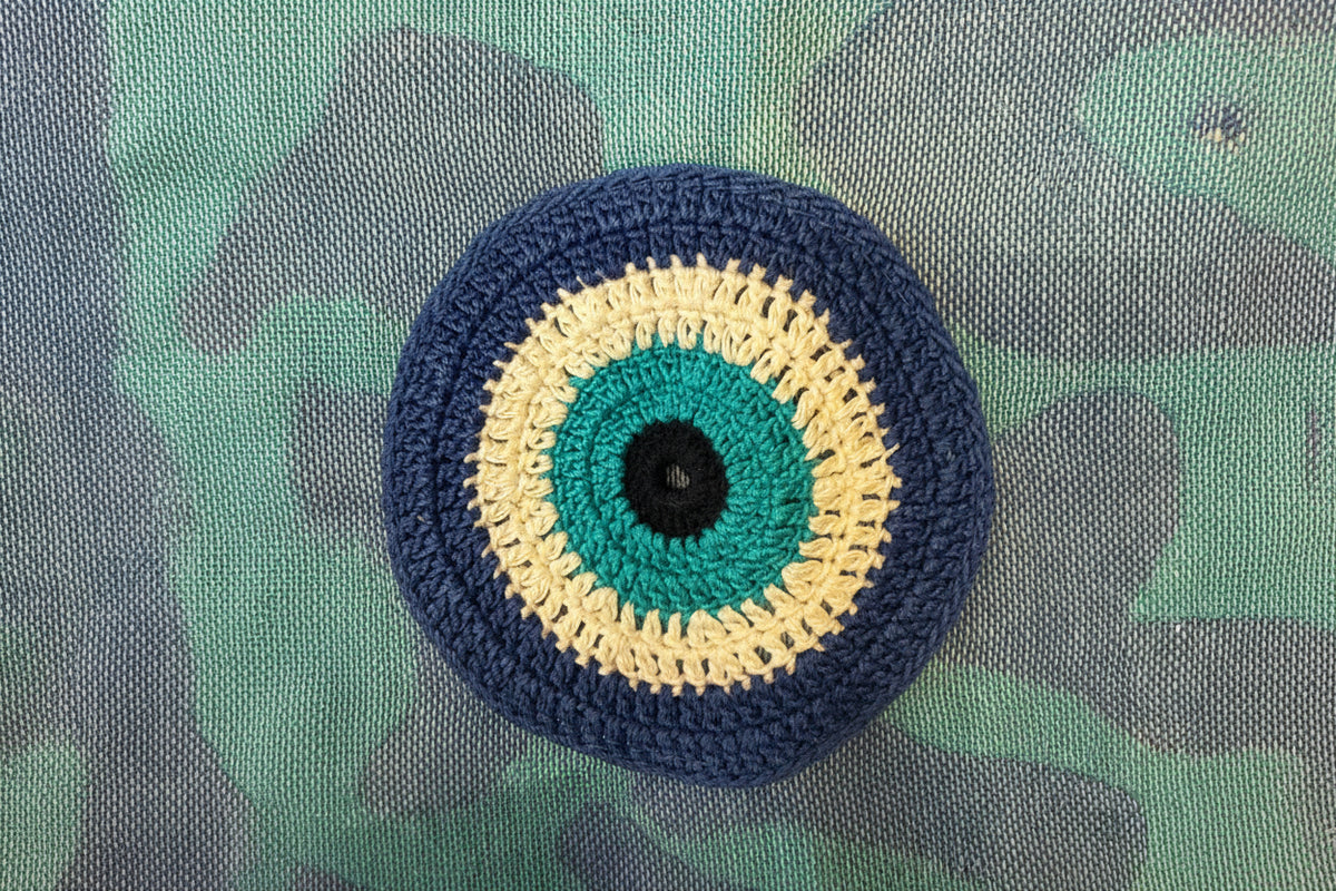 Keros P. Blue & Turquoise Knit Evil Eye Motif Clutch