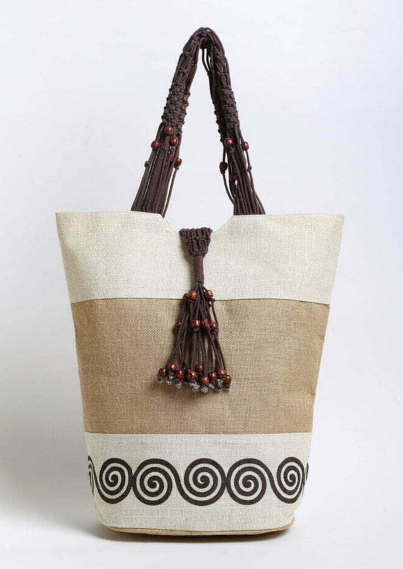 Jute Beach Bag With Macrame Shoulder Handles Swirl Design