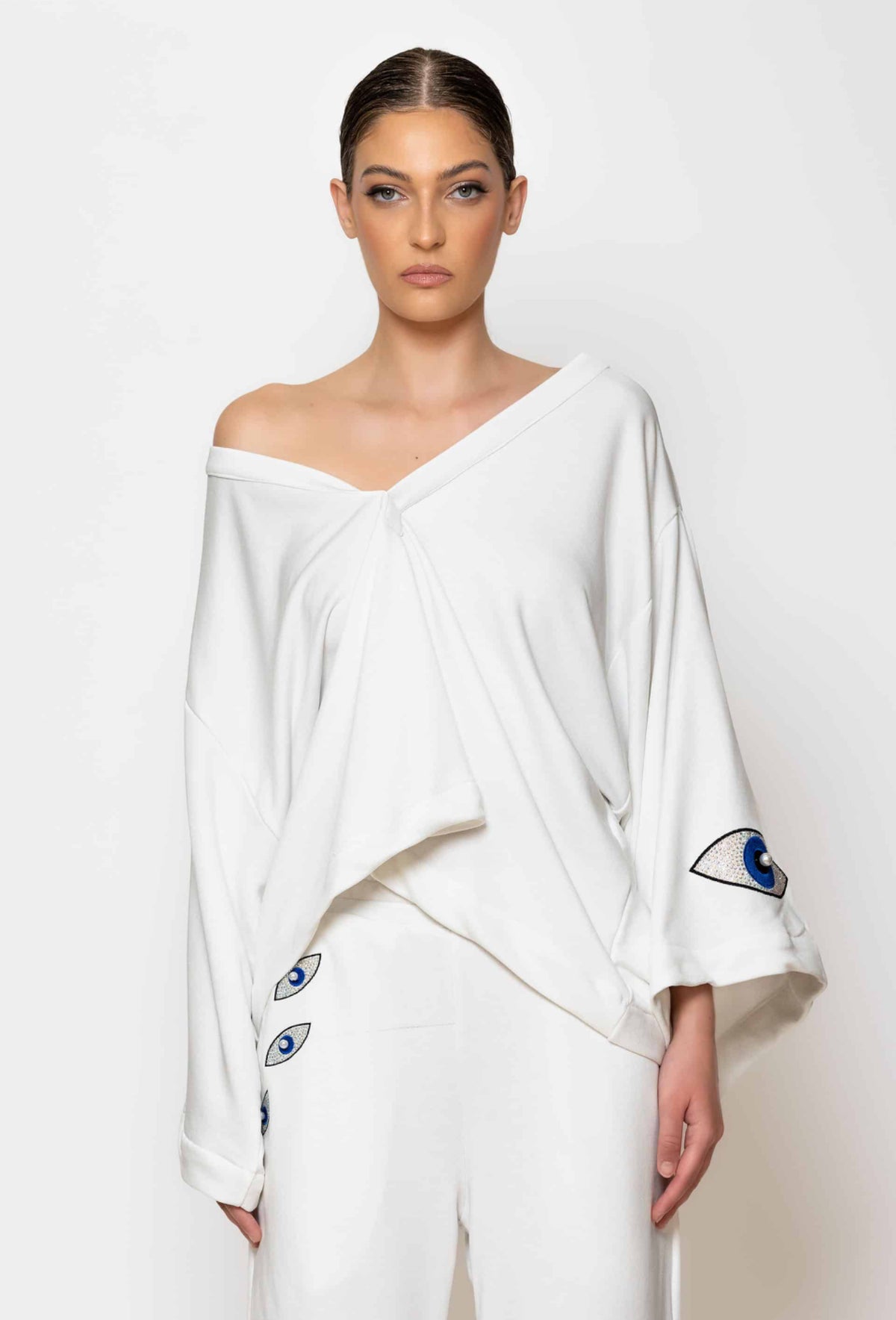 Eye Embroidered Terry Cotton Blouse and Pants
