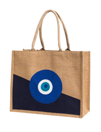 Large Navy Evil Eye Jute Tote