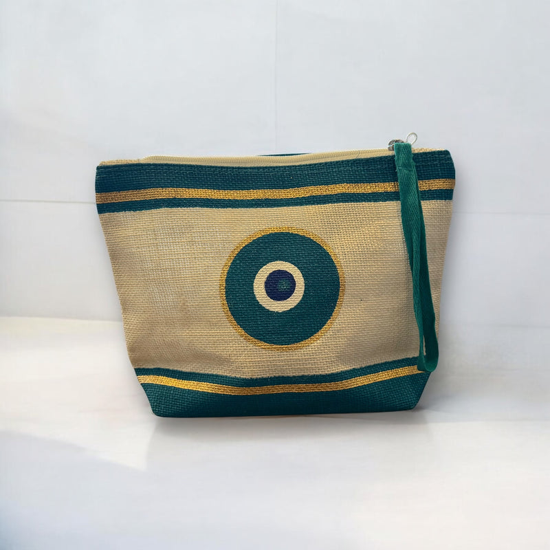 Large Flat Bottom Turquoise|Gold Evil Eye Jute Bag