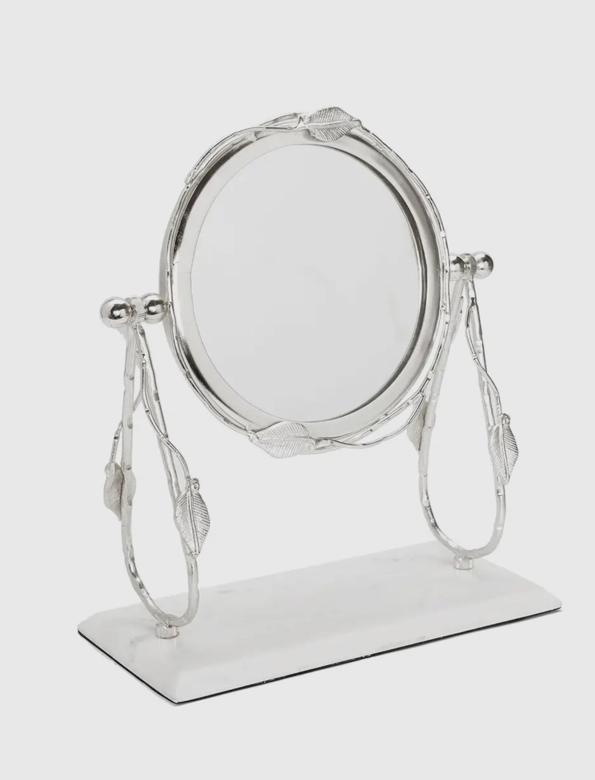 Table Mirror with Leaf Design Border and White Marble Base