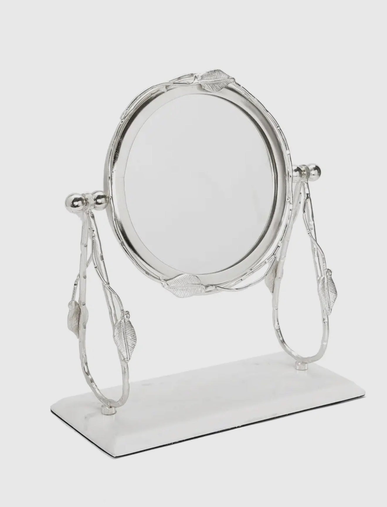 Table Mirror with Leaf Design Border and White Marble Base