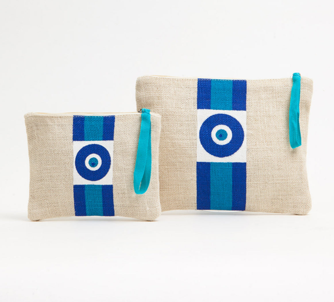 Small White|Blue Strip Evil Eye Jute Bag