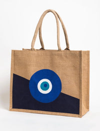 Large Navy Evil Eye Jute Tote