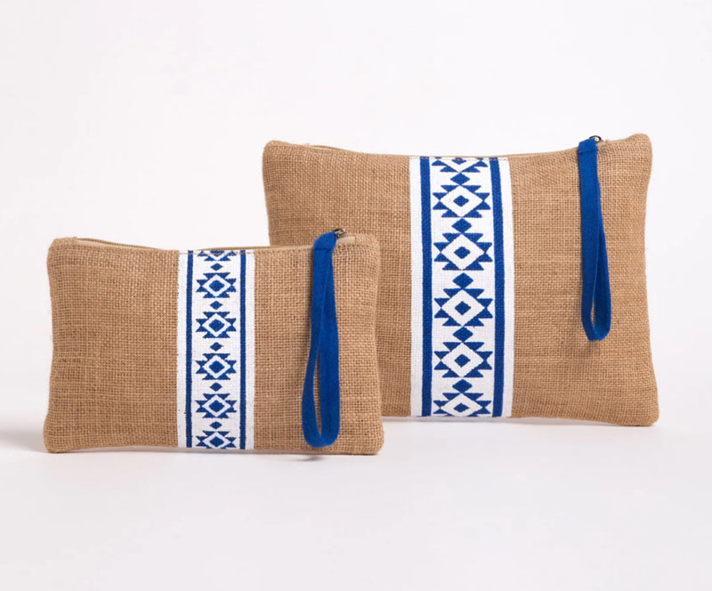 Aztec Blue-White Design Large Jute Make- Up Bag