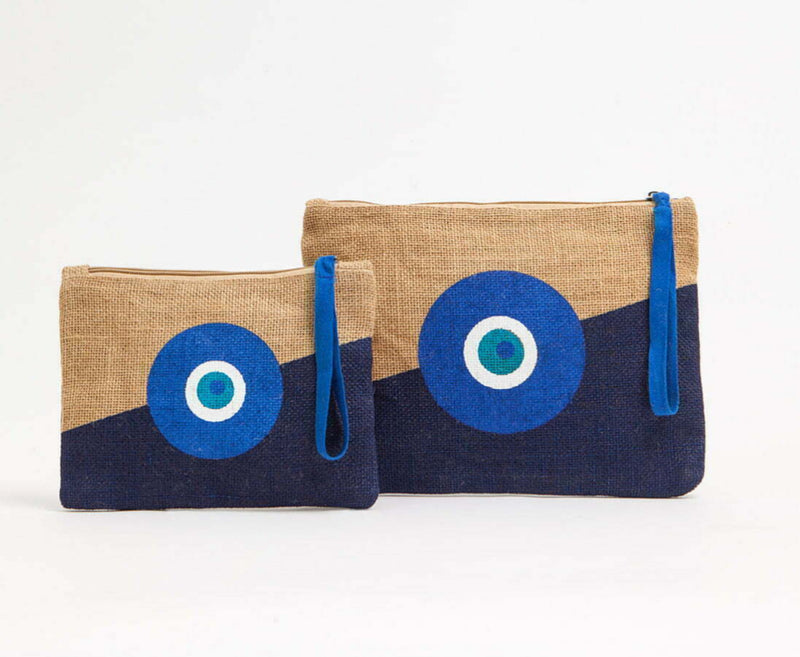 Jute Evil Eye Natural-Navy Make-Up Bag