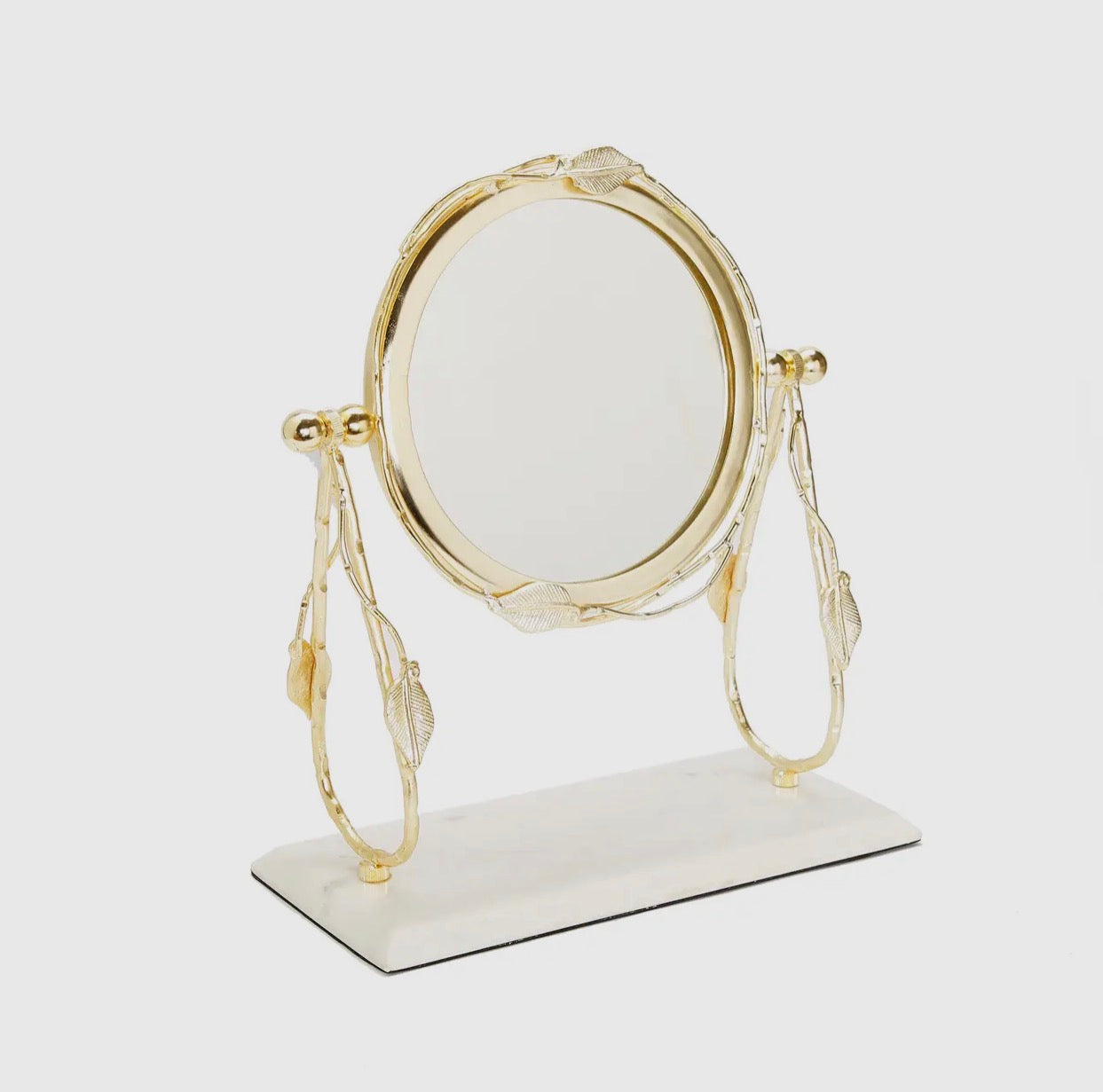 Table Mirror with Leaf Design Border and White Marble Base