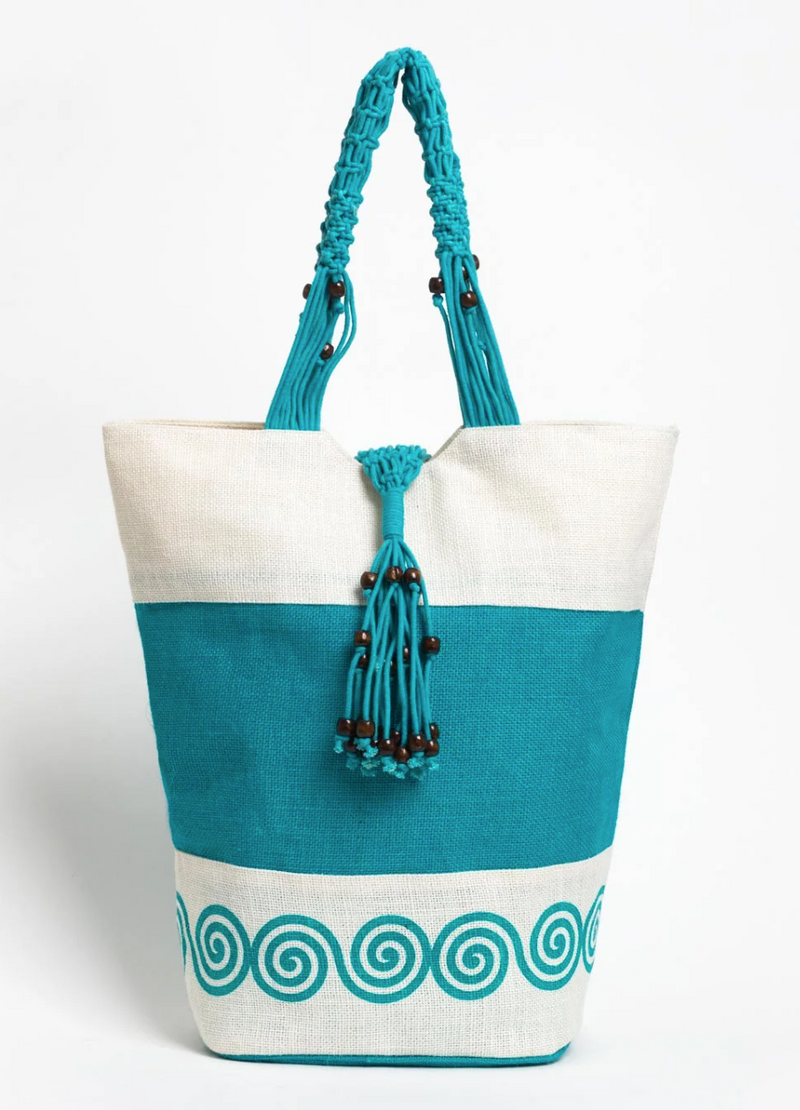 Jute Turquoise Swirl Macrame Shoulder Beach Bag