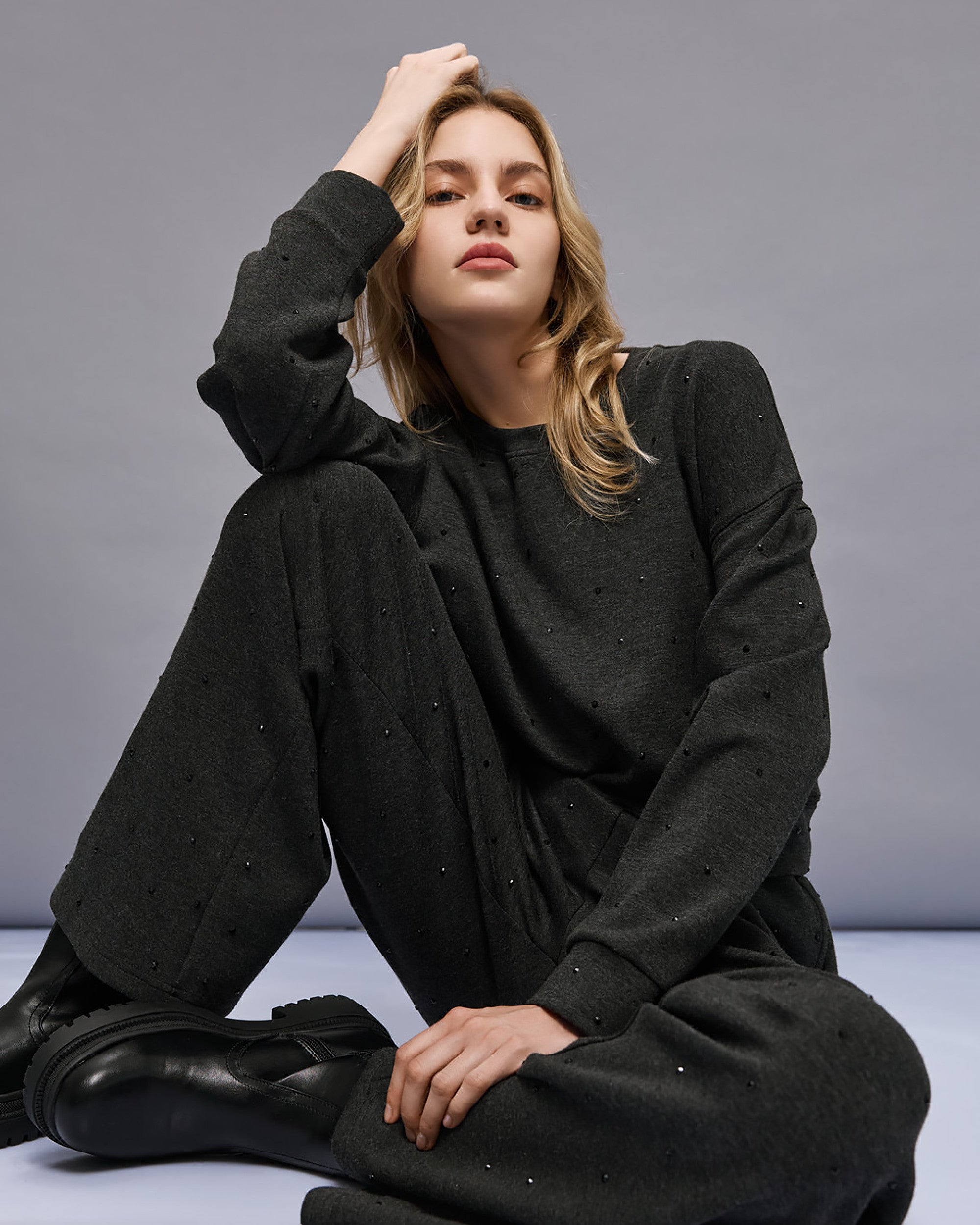 Gray Sportswear Jogger With Rhinestones