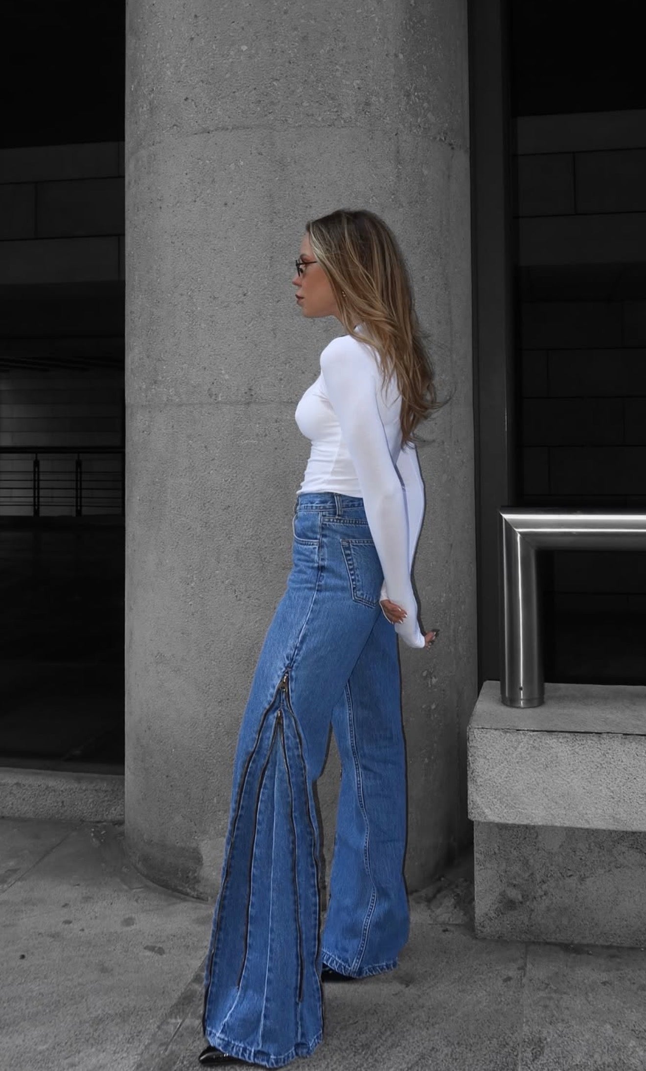 Serina Zippered Mid Blue Wide Leg Denim