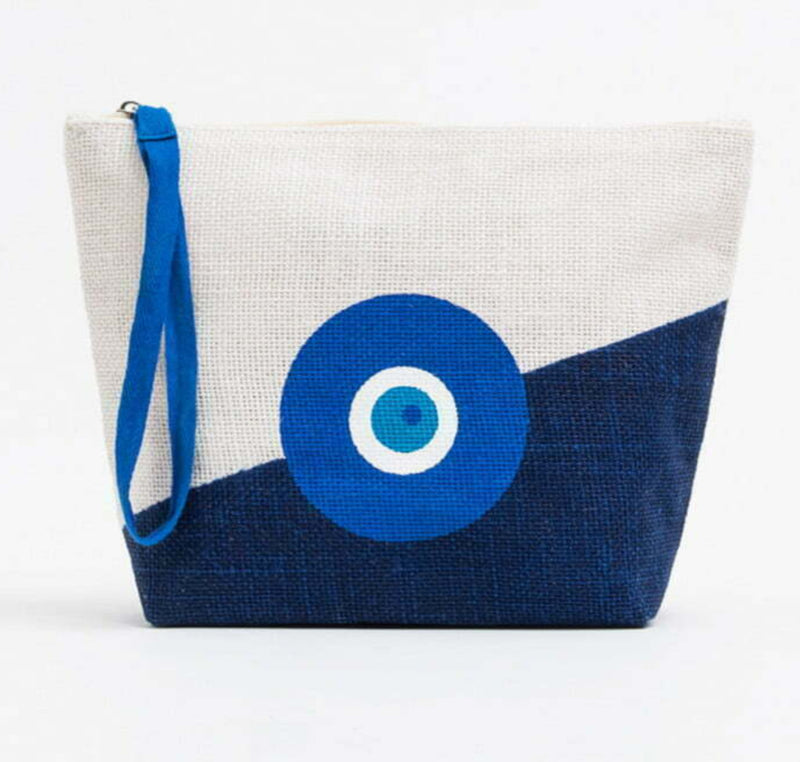 Flat Bottom White|Navy Blue Evil Eye Large Jute Bag