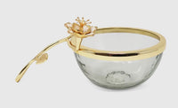 Glass Dish with Gold Enamel Flower Design On Handle