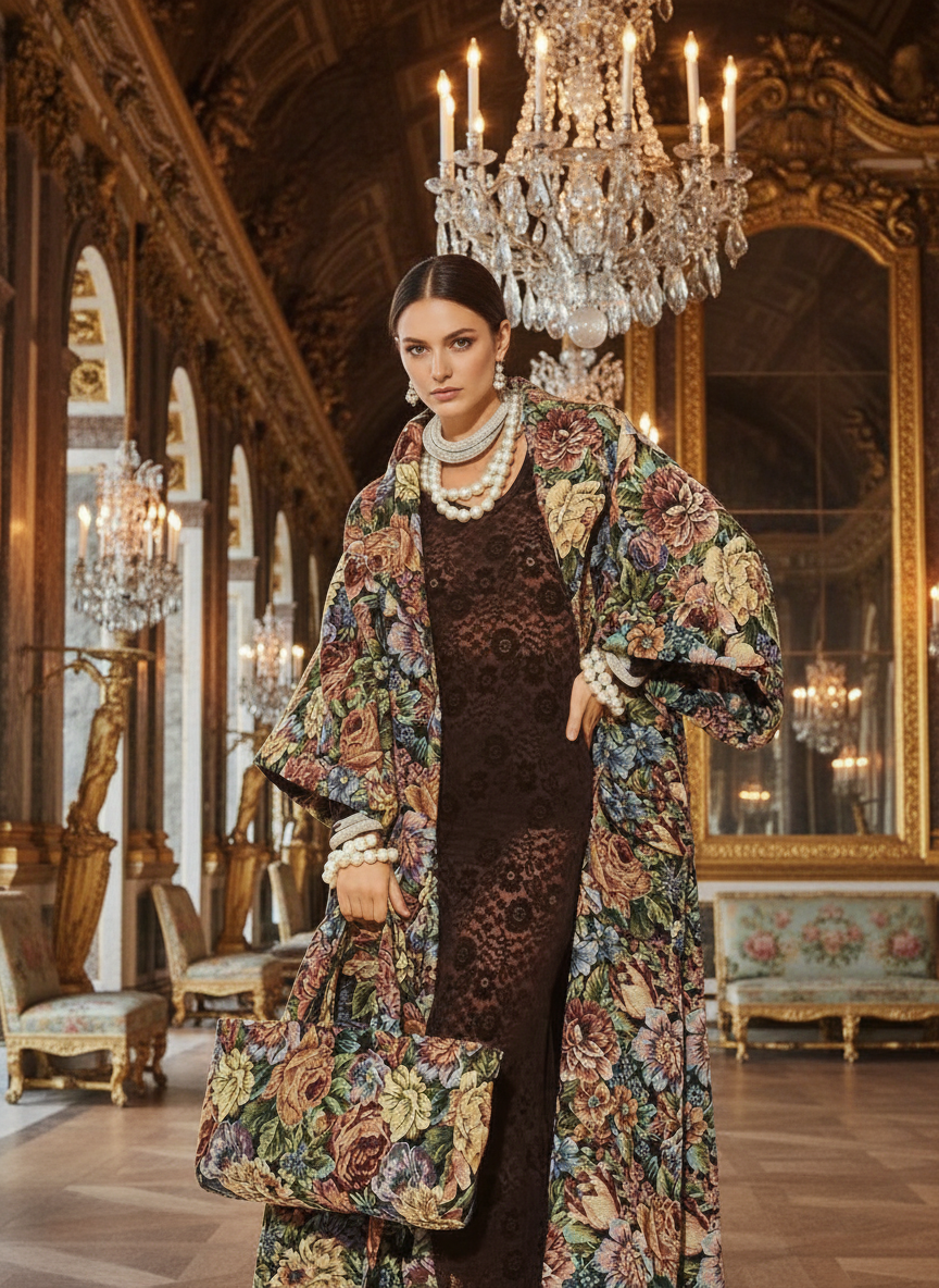 Oversized Borcade Maxi Coat With Floral