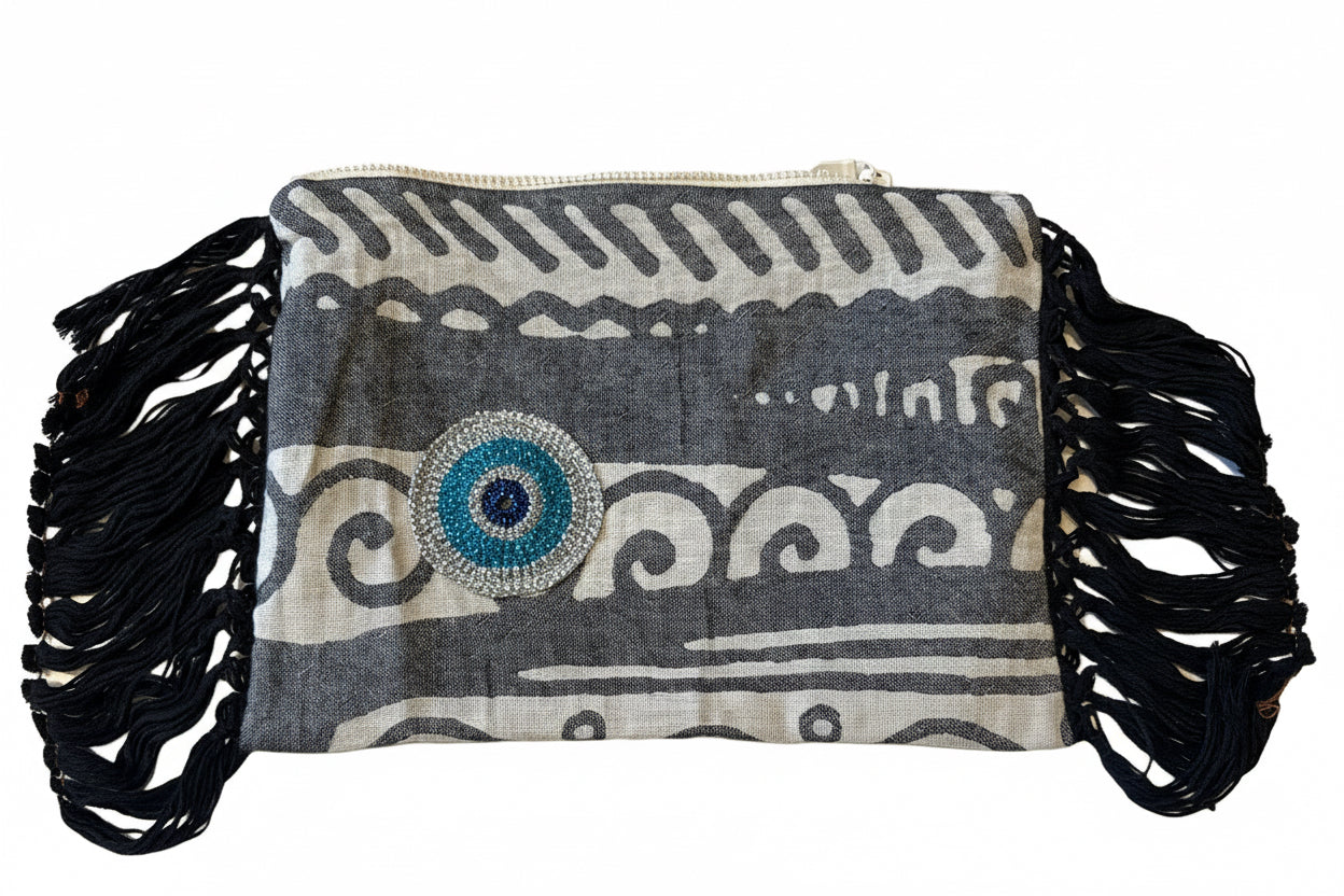 Kima Black Fringe & Shinny Knit Evil Eye Clutch