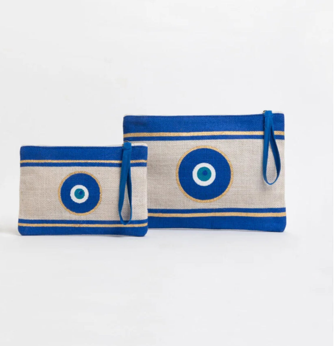 Large Jute Make Up-Bag White with Navy Blue|Gold Evil Eye