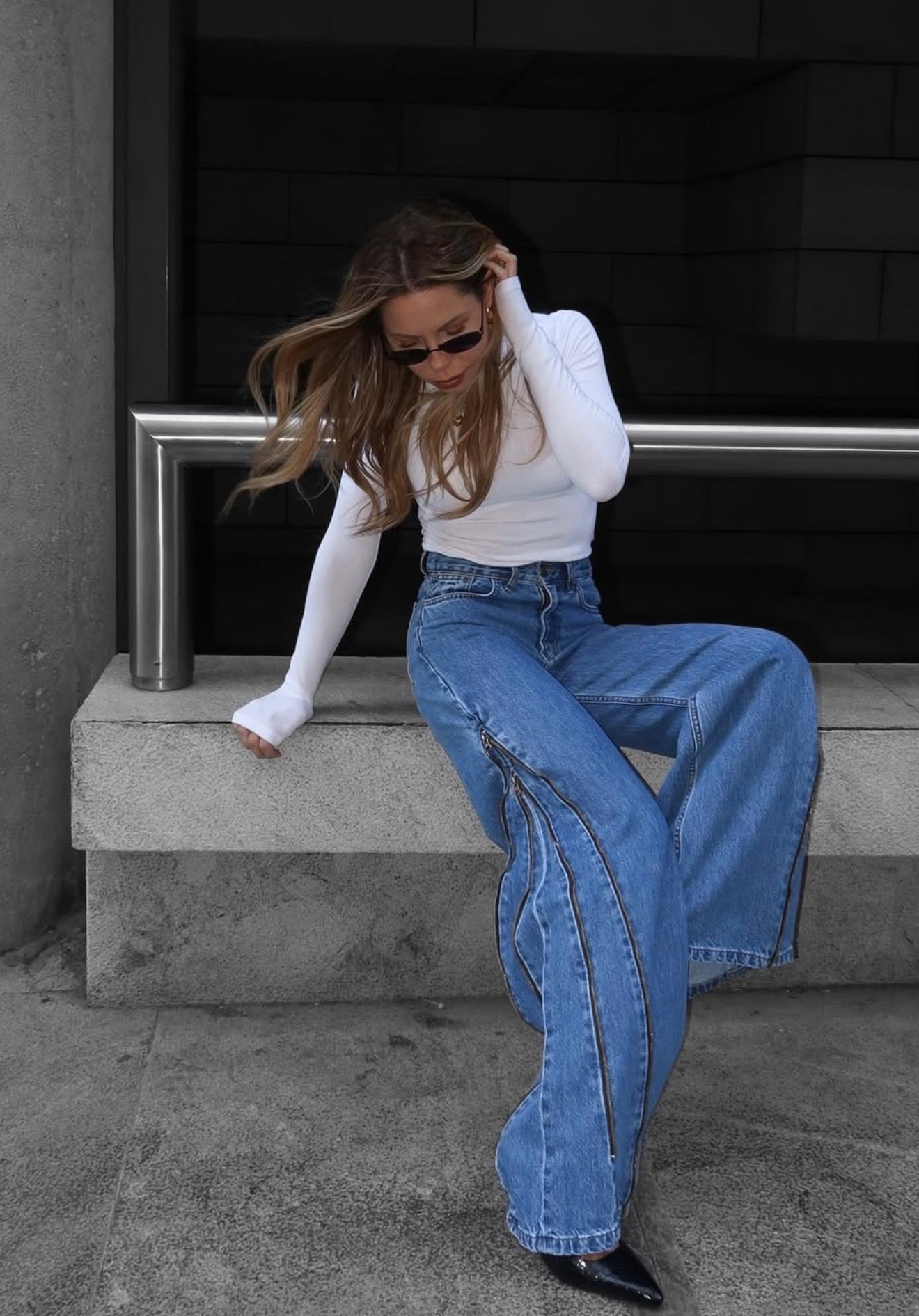 Serina Zippered Mid Blue Wide Leg Denim