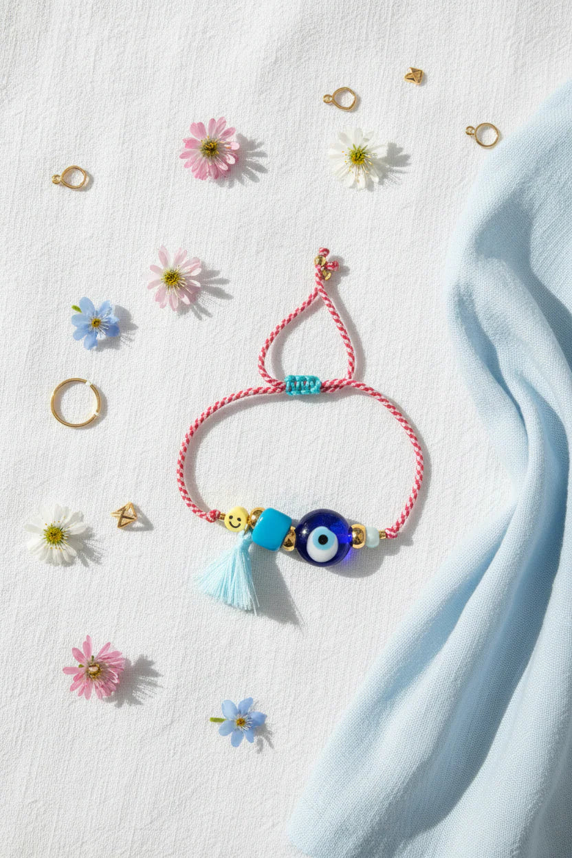 Large Blue Glass Eye With Tassel And Blue Bead