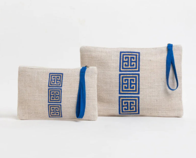 White|Blue|Gold Greek Key Small Jute Bag