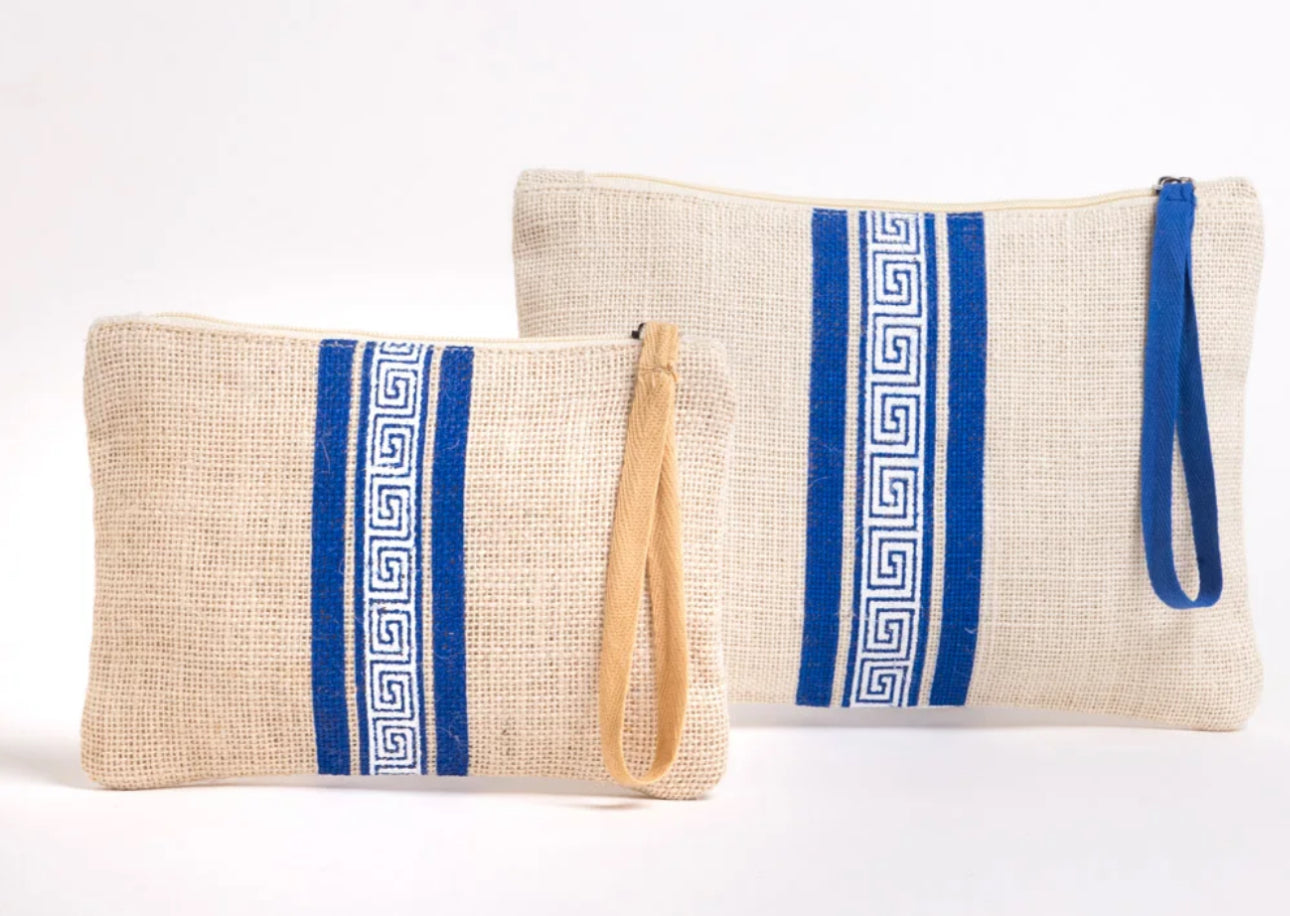 Jute Greek Key Large White Make-Up Bag