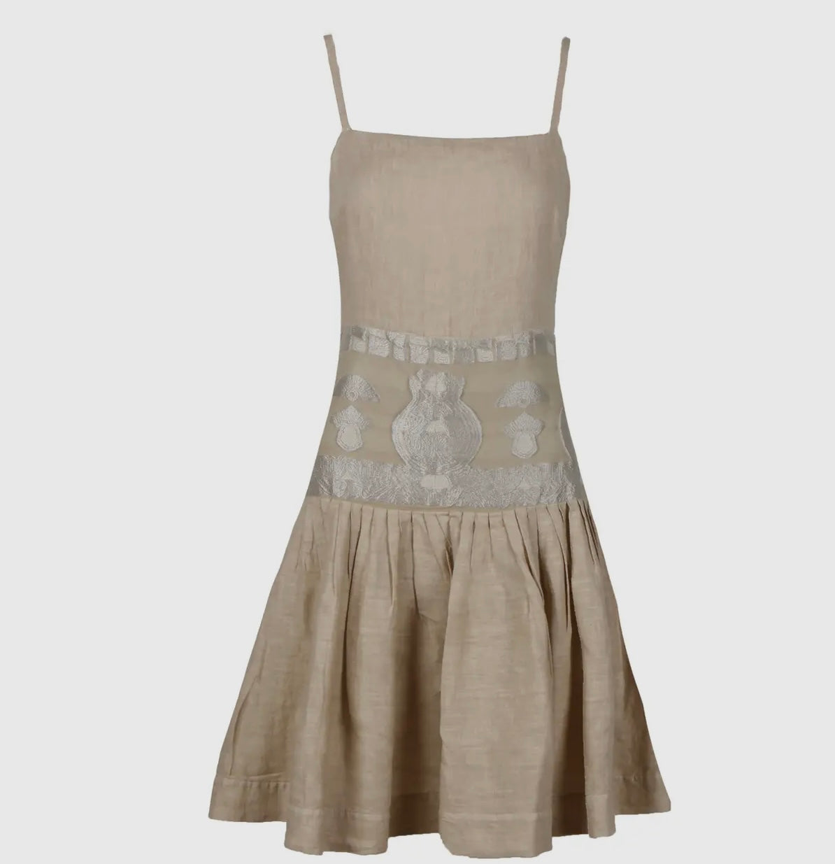 Loom Paneled Waisted Linen Dress with Slender Shoulder Straps