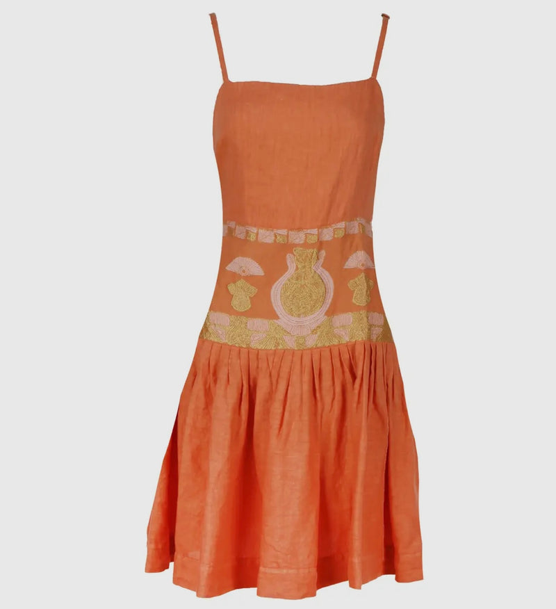 Loom Paneled Waisted Linen Dress with Slender Shoulder Straps