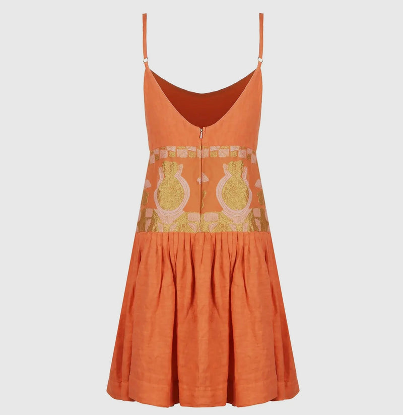 Loom Paneled Waisted Linen Dress with Slender Shoulder Straps