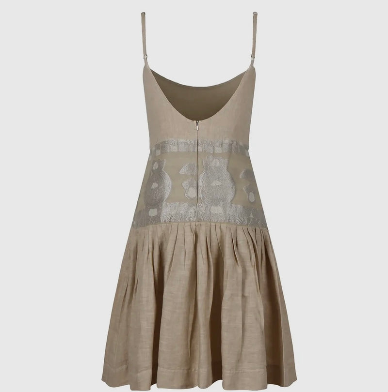 Loom Paneled Waisted Linen Dress with Slender Shoulder Straps