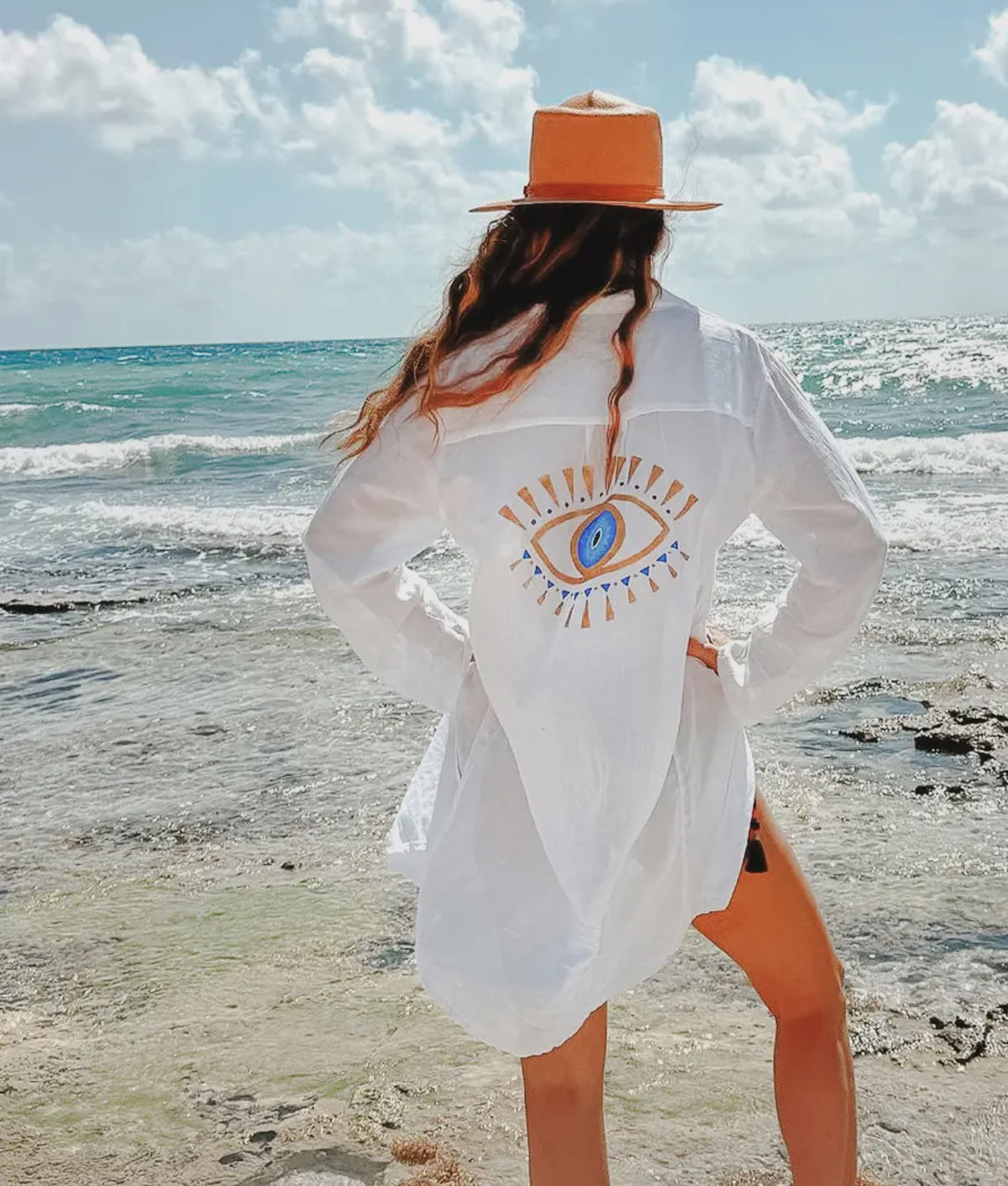 White Shirt-Dress with Hand Painted Evil Eye