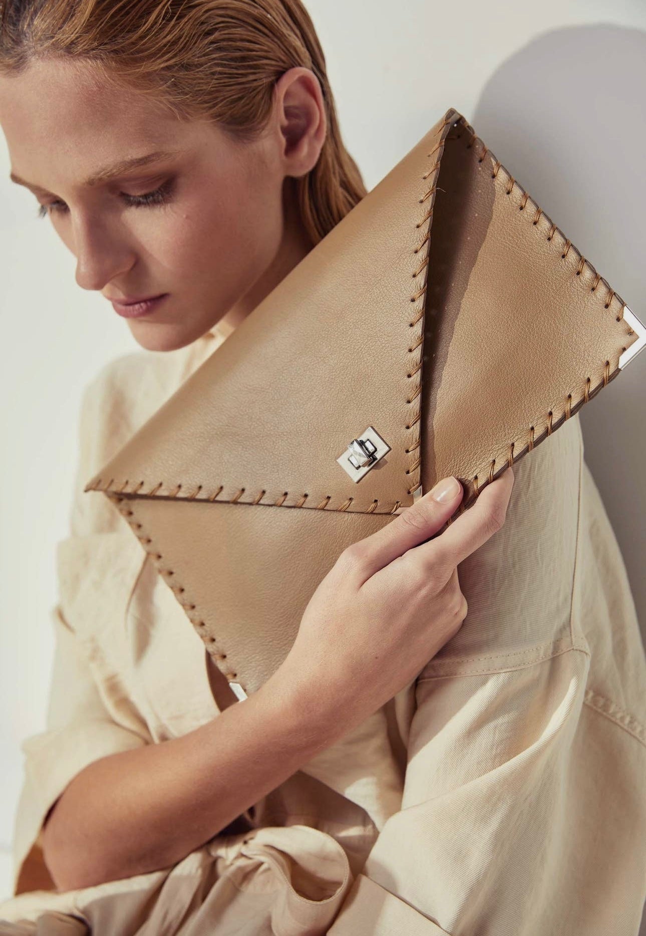 Symmetria Leather Clutch - Beige