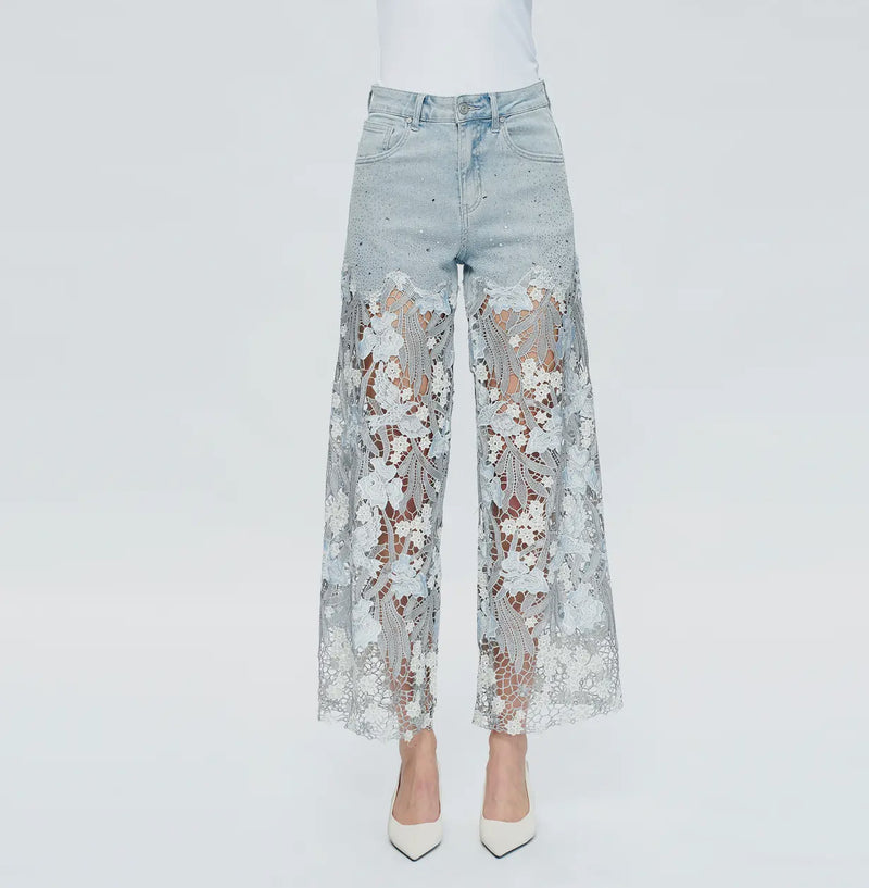 High Rise Wide Leg Lace Jeans