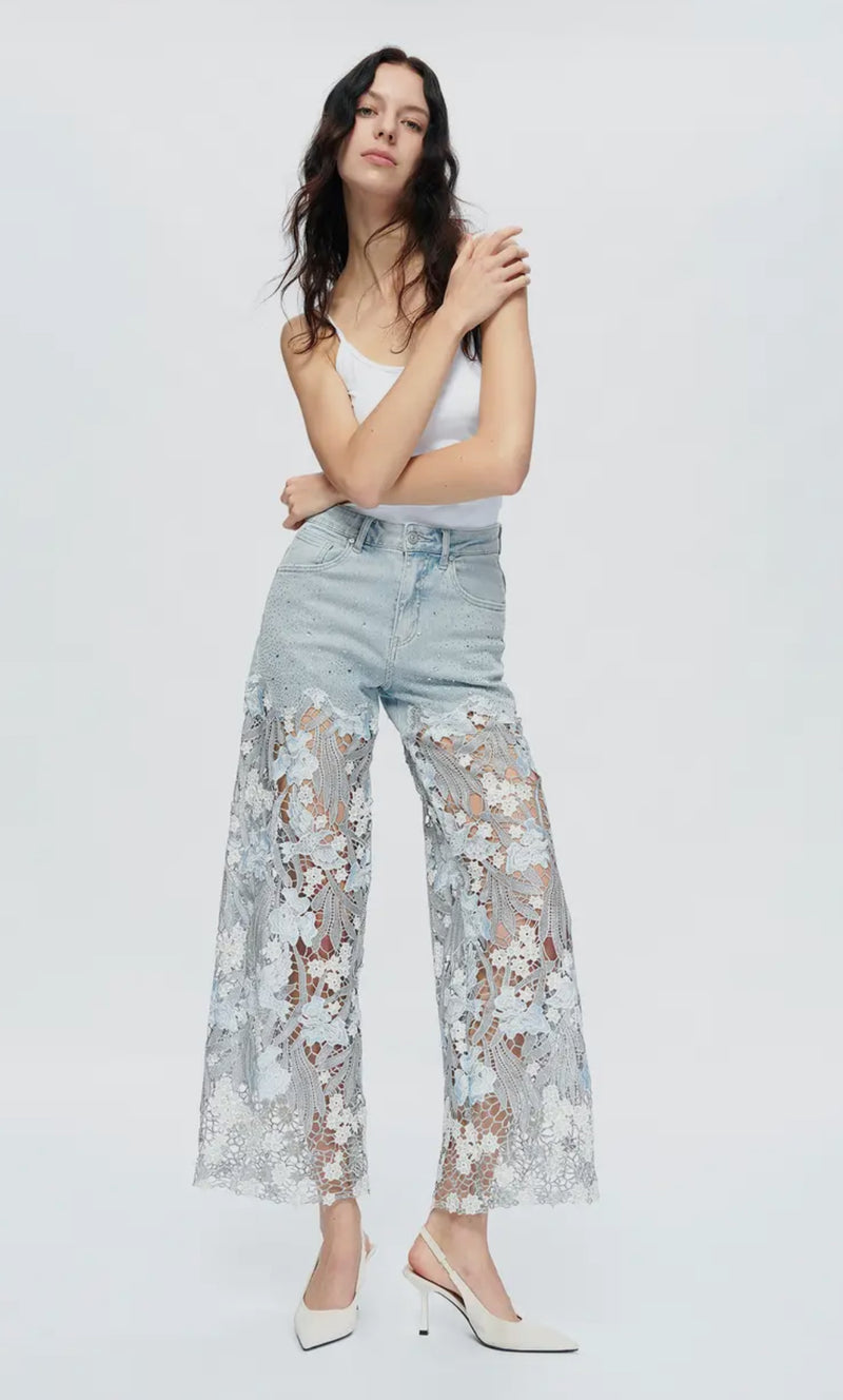 High Rise Wide Leg Lace Jeans