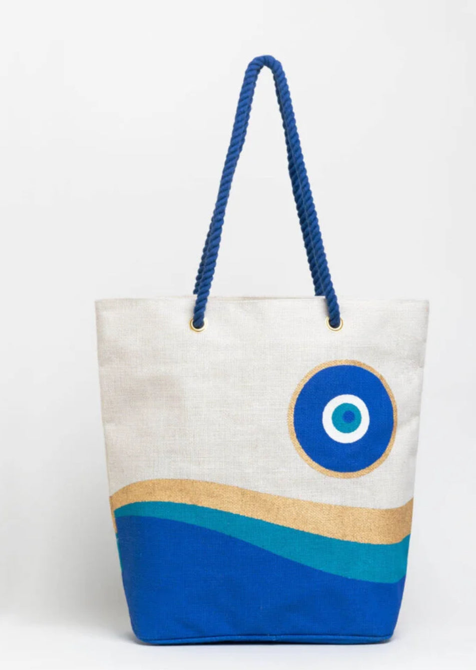 EVIL EYE JUTE BEACH BAG WITH ROPE SHOULDER HANDLES