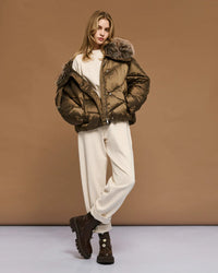 Short Olive Puffer Jacket With Faux Fur