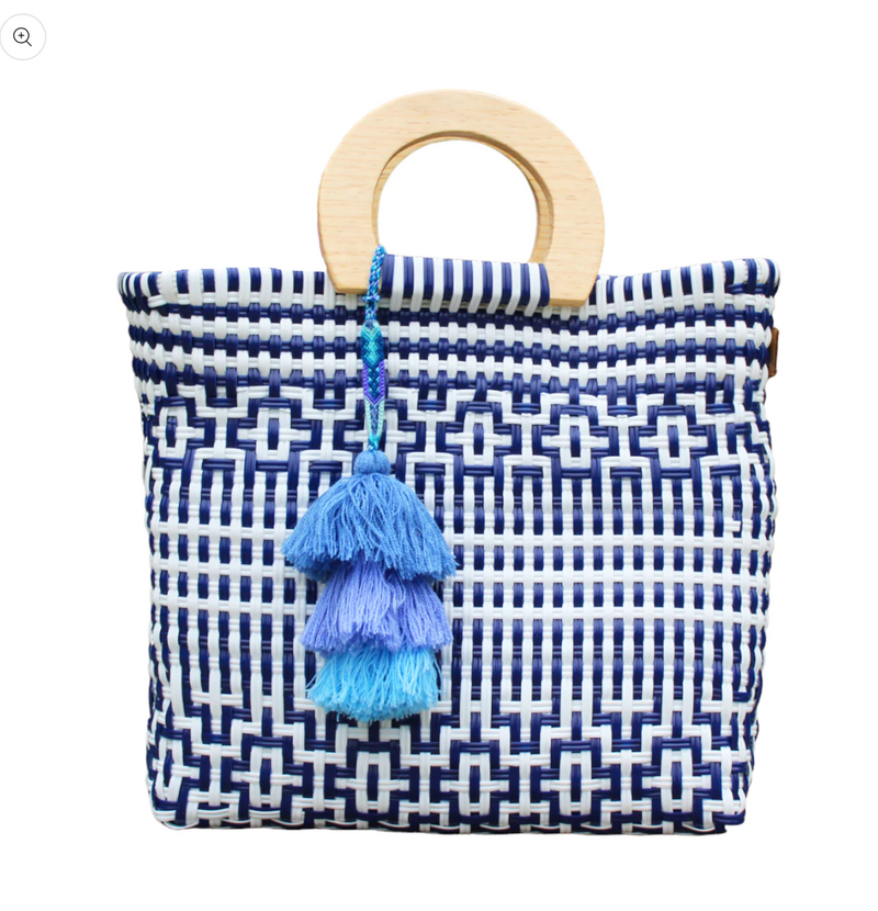 Wood Handle Preppy Tile Navy - White Citron Tote