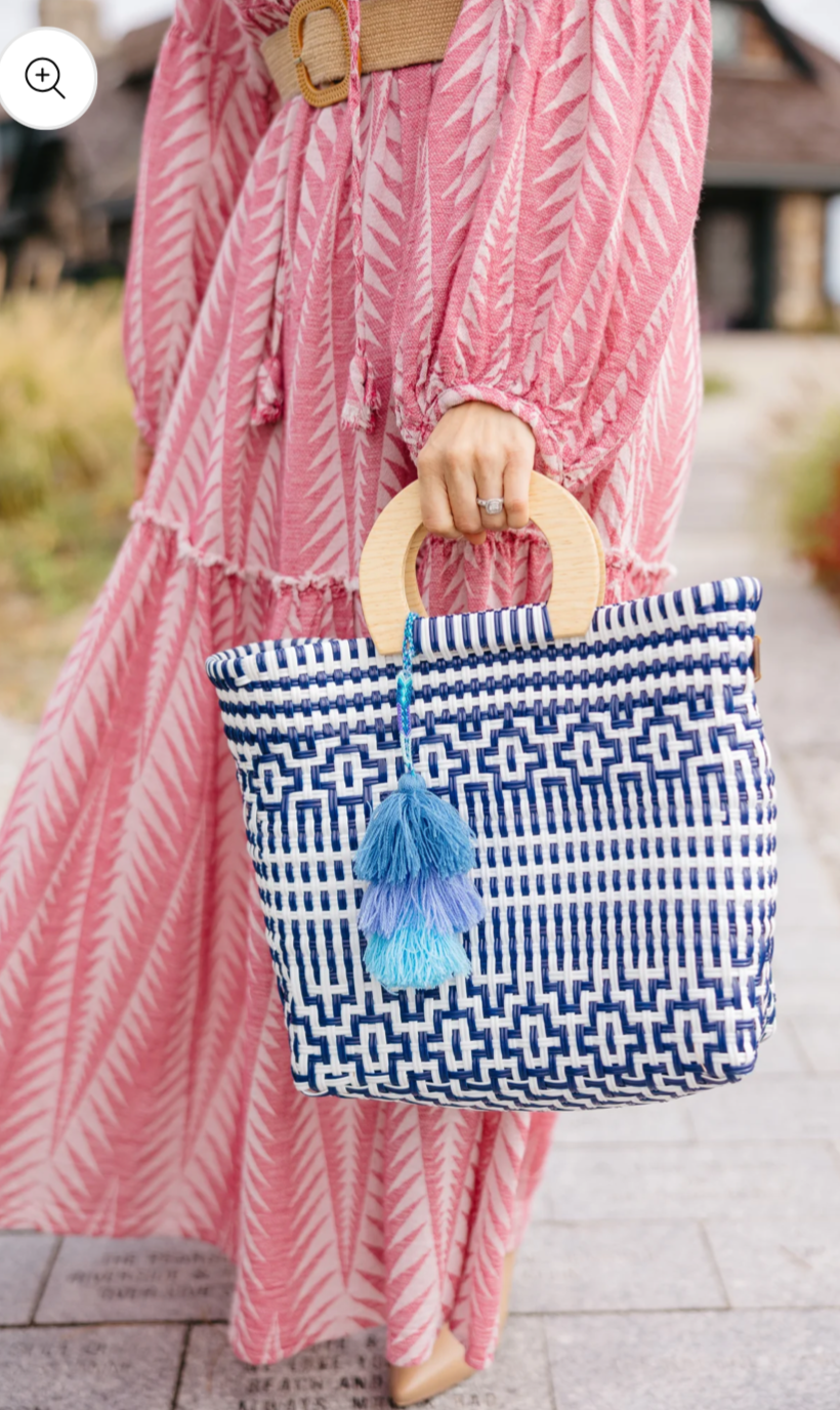 Wood Handle Preppy Tile Navy - White Citron Tote