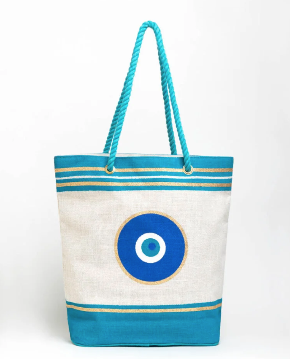 Jute White With Evil Eye Turquoise Beach Bag