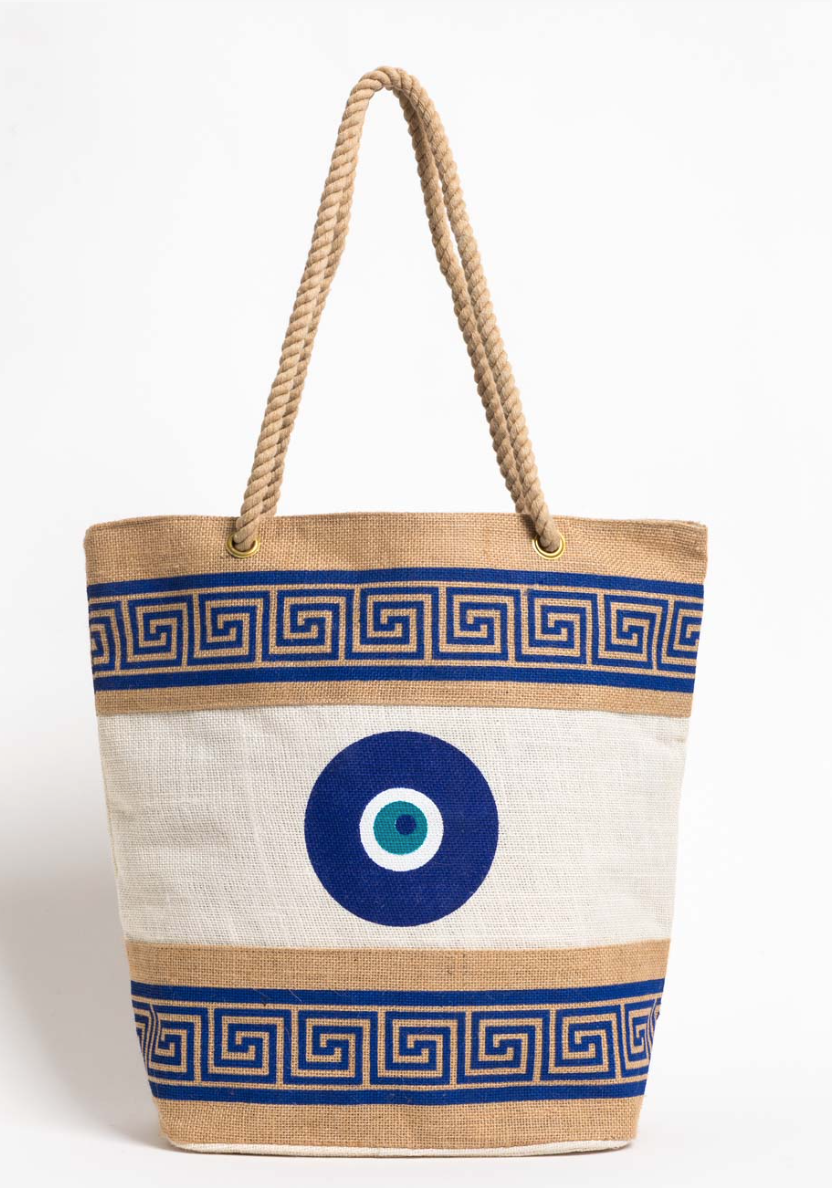 Evil Eye Meandro Beach Bag With Rope Handle- Natural/Blue