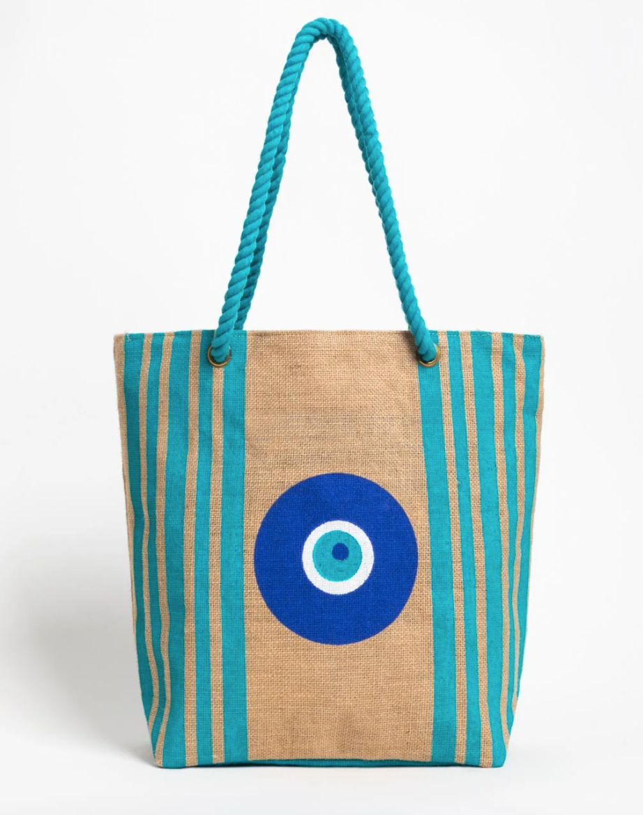 Turquoise Stripes with Evil Eye Tote Bag