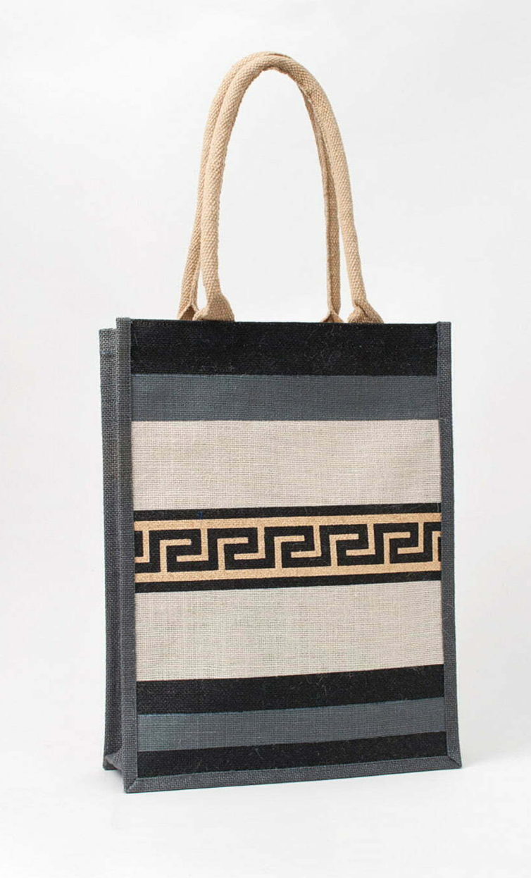 GRAY JUTE TOTE WITH BLACK-GOLD MEANDROS