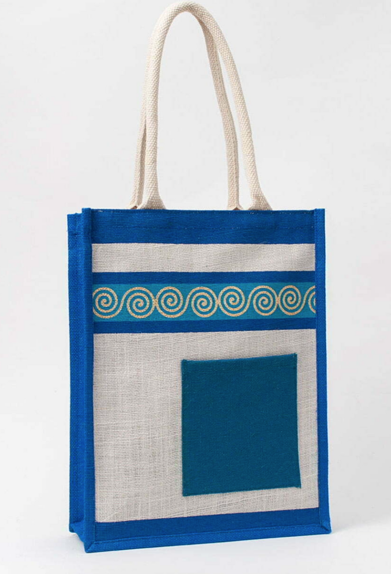 White Swirl Jute Tote Bag With Outside Pocket