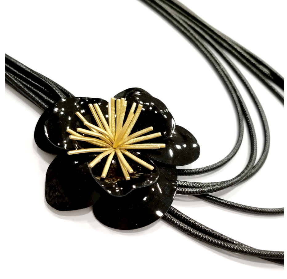 Large Black Camellia Flower Necklace