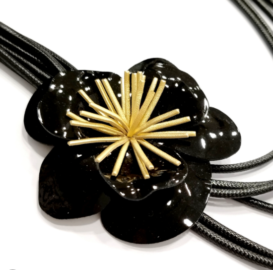 Large Black Camellia Flower Necklace