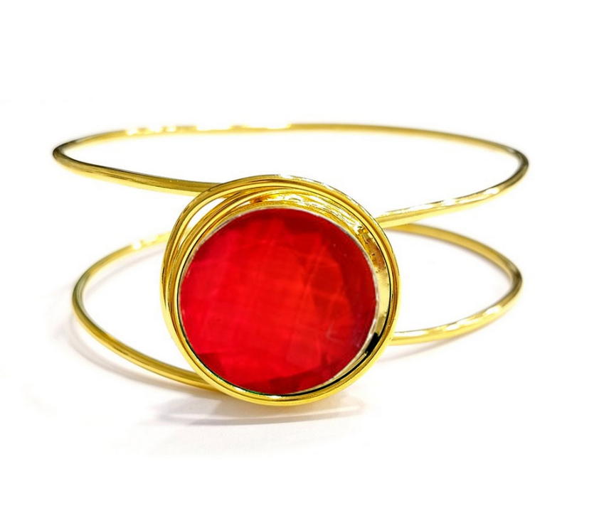 Round Orange-Red Crystal Bangle Gold