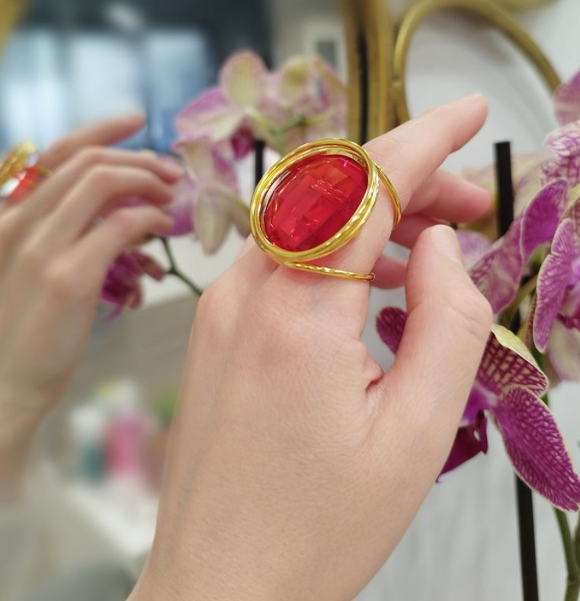 Round Orange-Red Crystal Ring